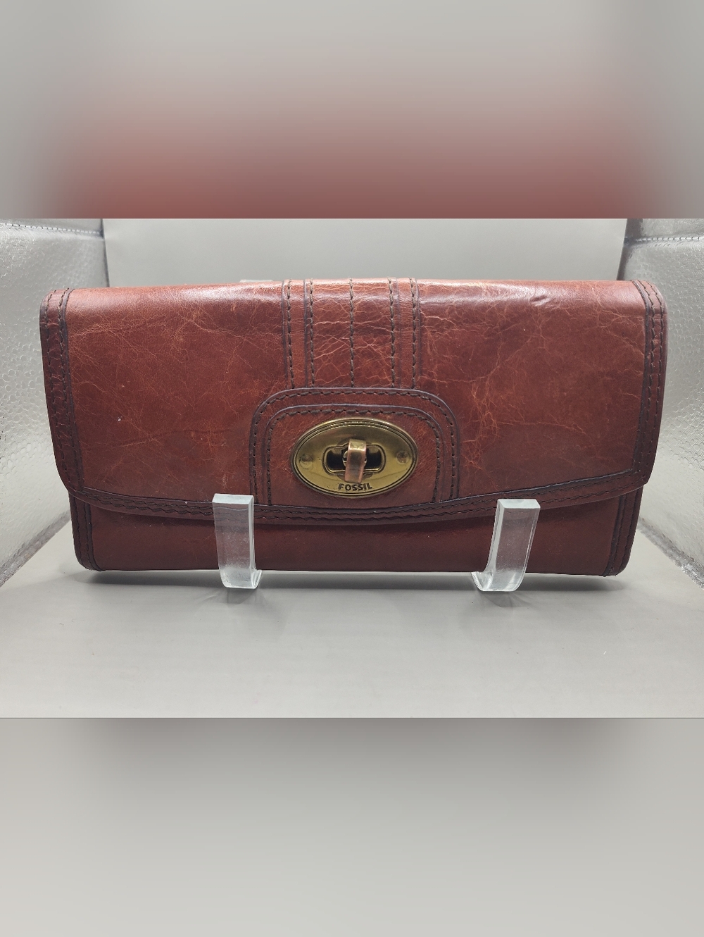 Vintage Red Orange Leather Fossil Wallet With Brass Turn Lock